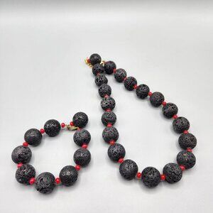 Lava Rock Necklace & Bracelet Set 18" + 3" Red Spacer Beads Lobster Clasp